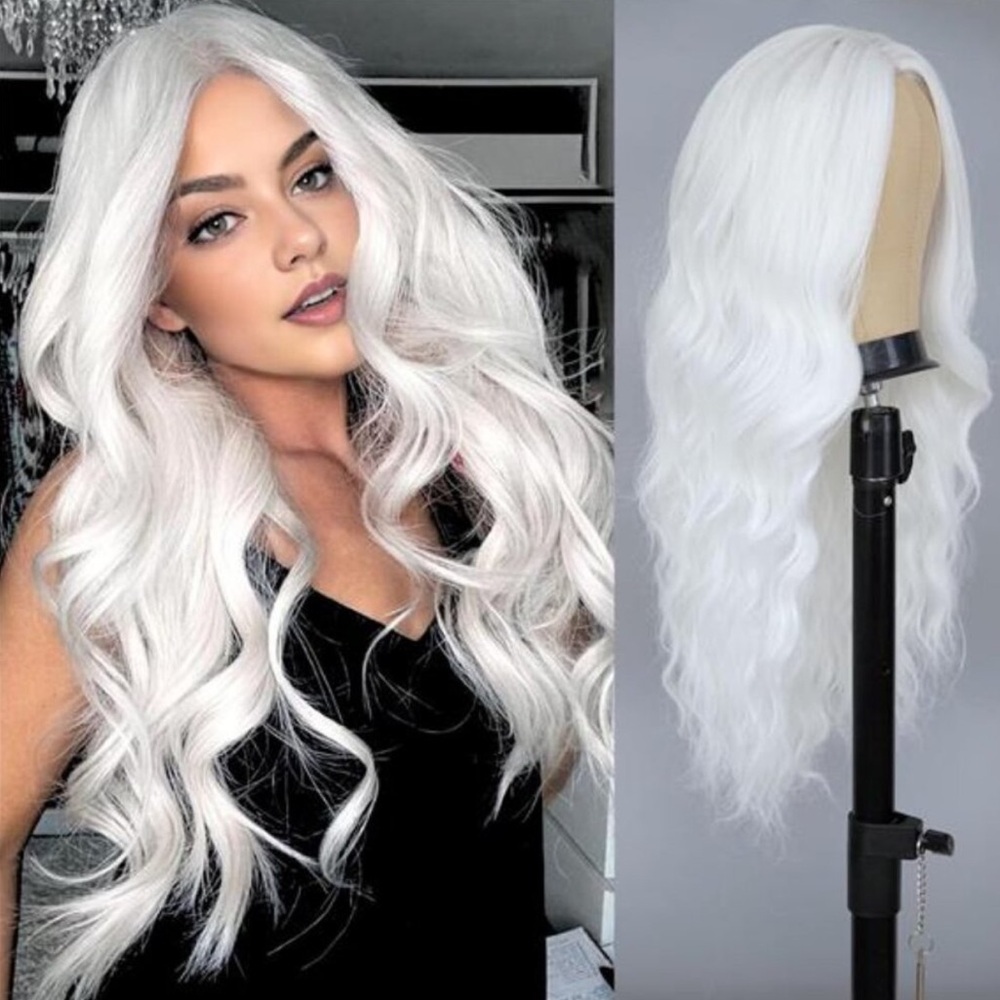26”  Curly White  FULL CAP MIDDLE PART Wig  for Daily Party Use  in woman *NEW*